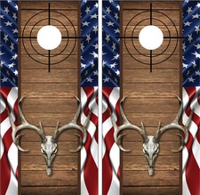 Buck Deer Skull American Flag Wood Cross Heirs Cornhole Board Decal Wrap Wraps