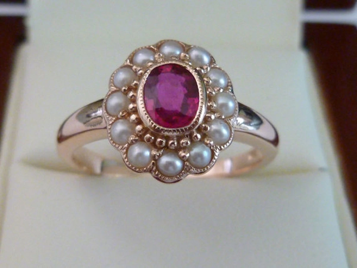 9ct 9k Rose Gold Vintage Ruby Pearl Ring R179 Custom eBay