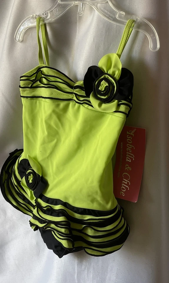 Traje de baño Isobella And Chloe verde neón y negro con volantes para niñas 1 pieza 4 Foto 3 de 4