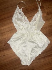 Vintage ASHLEY TAYLOR Nylon Slip TEDDY Hi-cut PANTY Silky LACE Bodysuit S Cr me