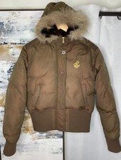 Vtg Y2k Rocawear Brown Embroidered Down Puffer Cropped Jacket Hooded Fur Sz L