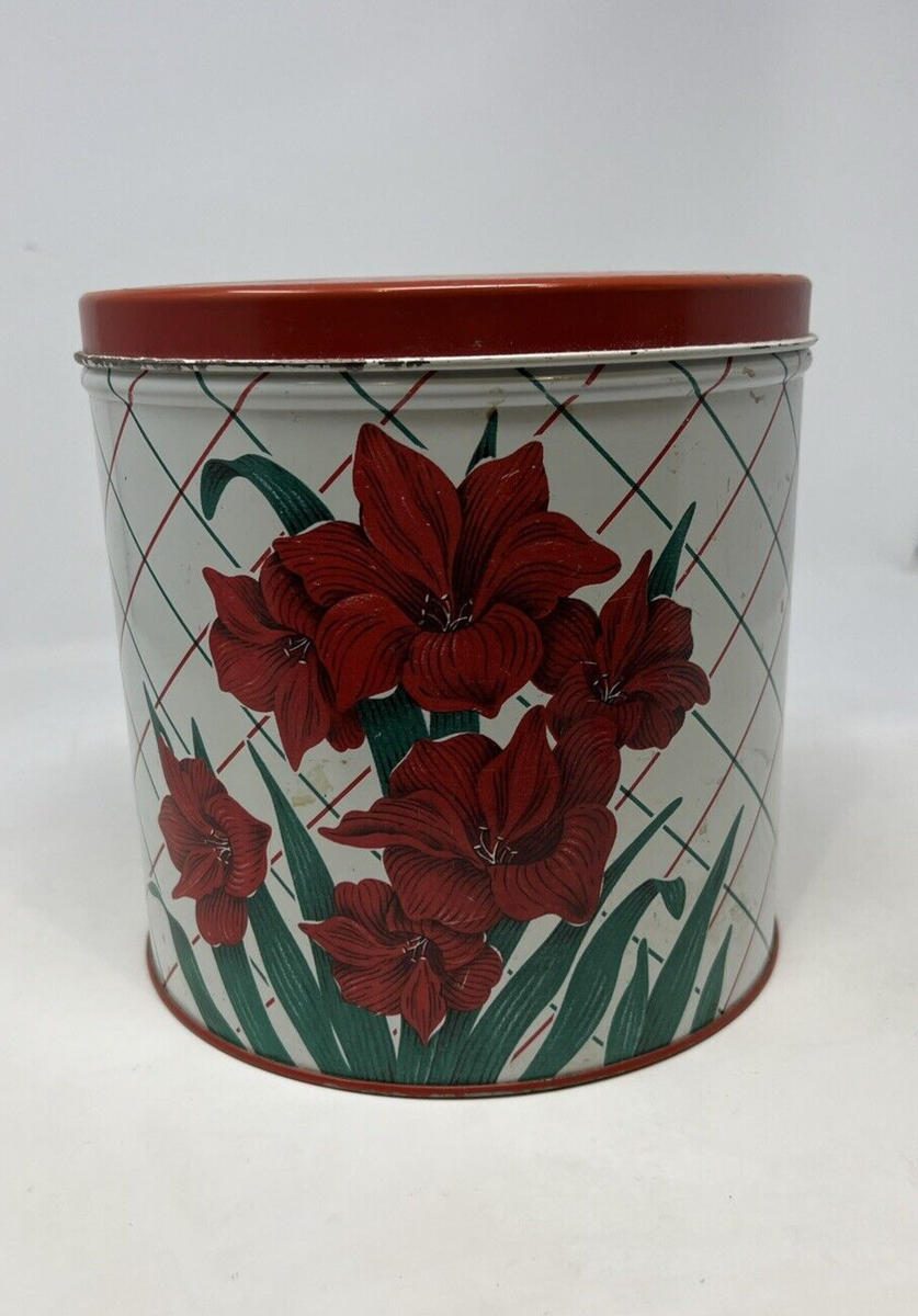 Vintage Metal Tin Kitchen Canisters Red Amaryllis Flowers Set Of 4