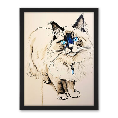 Blue Point Ragdoll Cat Sketch Drawing Portrait Framed Art Picture Print 18X24