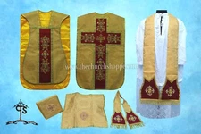 Roman Yellow  Chasuble Fiddleback Vestment and Mass  set, IHS - embroidery