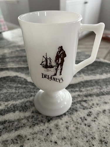 Delaney's Vintage Footed Milk Glass Coffee Mug Irish 8 oz Tea Cup