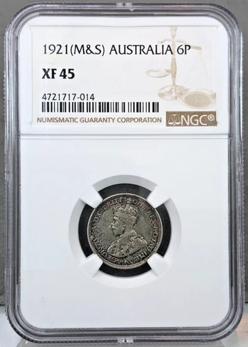 1921 (M & S) AUSTRALIA George V Sixpence Silver Coin NGC XF45 KM-25 6 Pence