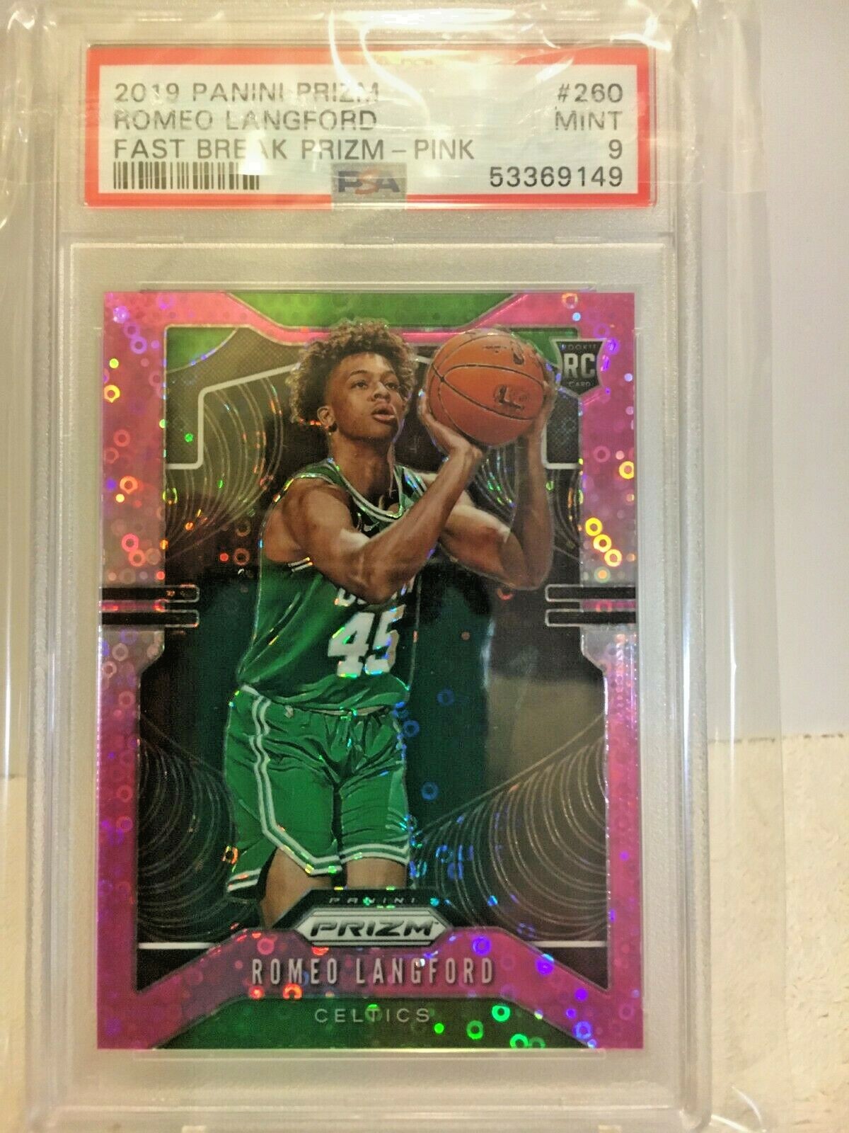 PSA9 2019-20 Panini Prizm PINK Fast Break Romeo Langford RC Rookie #260 38/50 SP