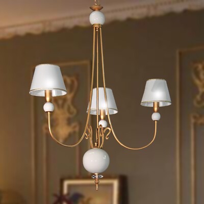 White Iron & Ceramic 3 Light French Gold Color Chandelier with Shades