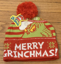 Dr. Seuss NEW Grinch "Merry Grinchmas" Pom-Pom Beanie One Size Fits Most