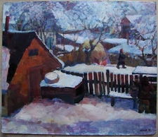 Ukrainian Soviet Oil Painting Postimpressionism village snow well female figures