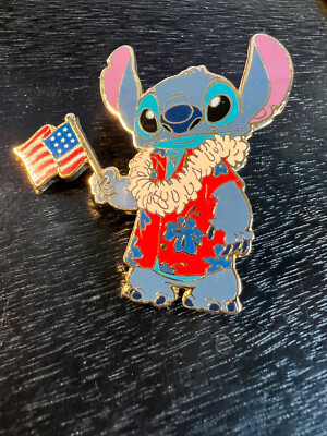 Disney Pin Stitch in Hawaiian Shirt Holding American Flag