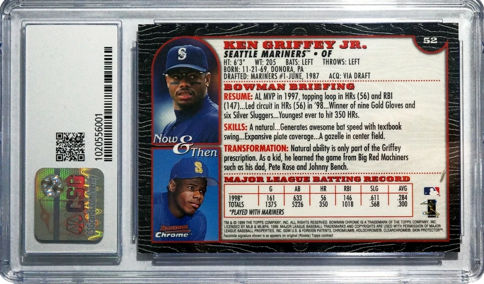 1999 Bowman Chrome Gold #52 HOF Ken Griffey Jr. CSG 8.5 - Image 2 of 2
