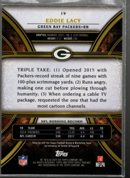 A4154- 2015 Topps Triple Threads Gold #19 Eddie Lacy /99 - NM-MT - Image 2 of 2