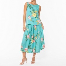 Rena Rowan Skirt Set Women 14 Blue Silk Floral Sleeveless Top Pleated Midi Skirt