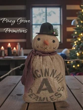 Primitive Style Christmas Snowman 21" OOAK Weighted Hand Made Feedsack Doll