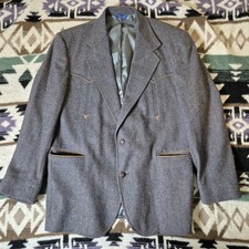 Vintage Pendleton Mens Western Wool Blazer Herringbone Sz 44 Long Grey Yolk