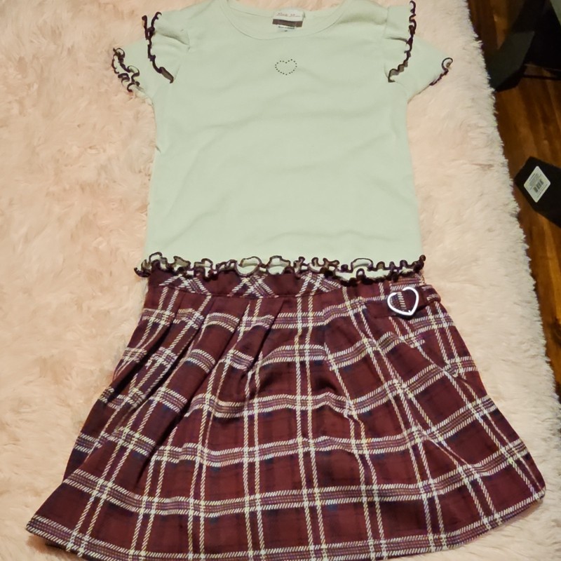 Little Lass Girls 2 Piece Off White Top & Plaid Skort Set Size 10 Ruffle Heart