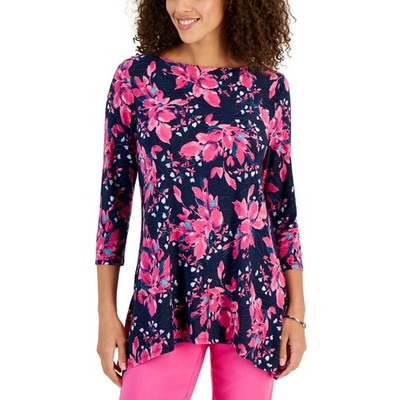 JM Collection Womens L Intrepid Blue Combo 3/4 Sleeves Swing Blouse Top NWT CF64