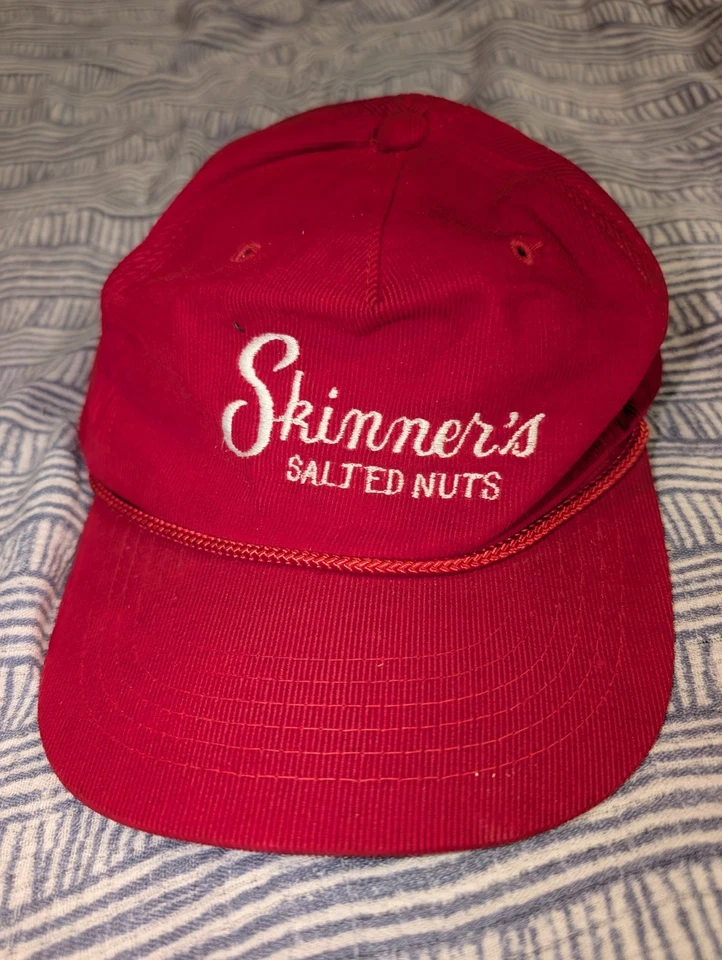 Rare Vintage 80's Hat Skinners Salted Nuts Corduroy Cap Hat Red Aureus Headwear - Image 1 of 4