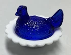 Vintage Mini Cobalt Blue Hen On Moser White Milkglass Nest Salt Cellar Chicken