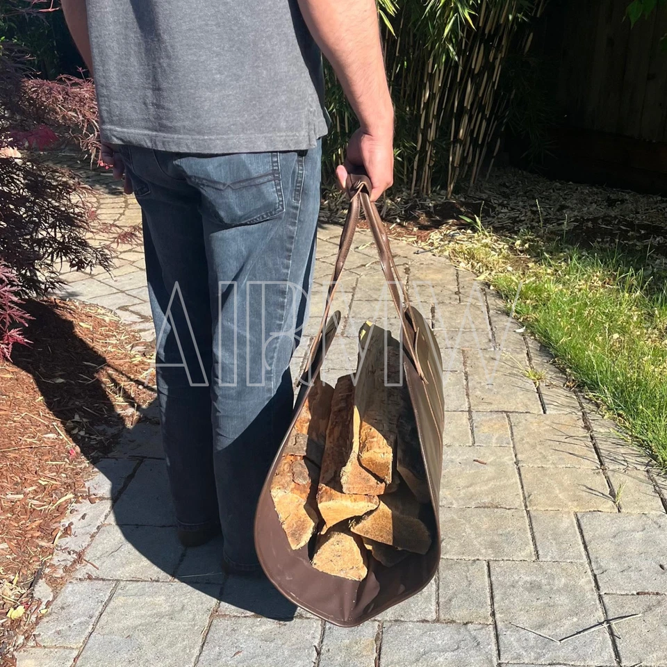 Portador de troncos de leña hecho a mano cuero de vaca real - Bolso portador de madera Foto 2 de 4