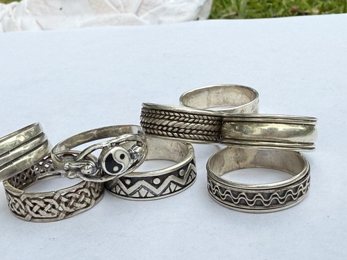Lot 10 Sterling Silver 925 Rings Bands No Stones Celtic Chunky Yin yang Mens 51g - Picture 1 of 21