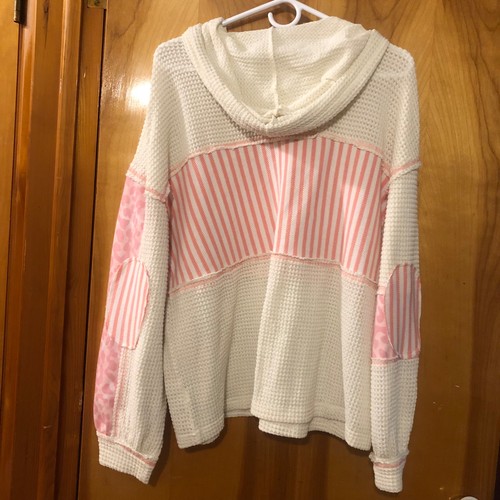 Bibi Pink Meadow Hoodie Top Women's Size Large Leopard Stripes Boho Waffle Knit - Picture 2 of 8