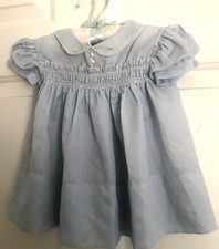 Vtg 3-6 Mo Hand Stitched Blue Silky Pink Rosebuds BABY DRESS Smocked EASTER S/S