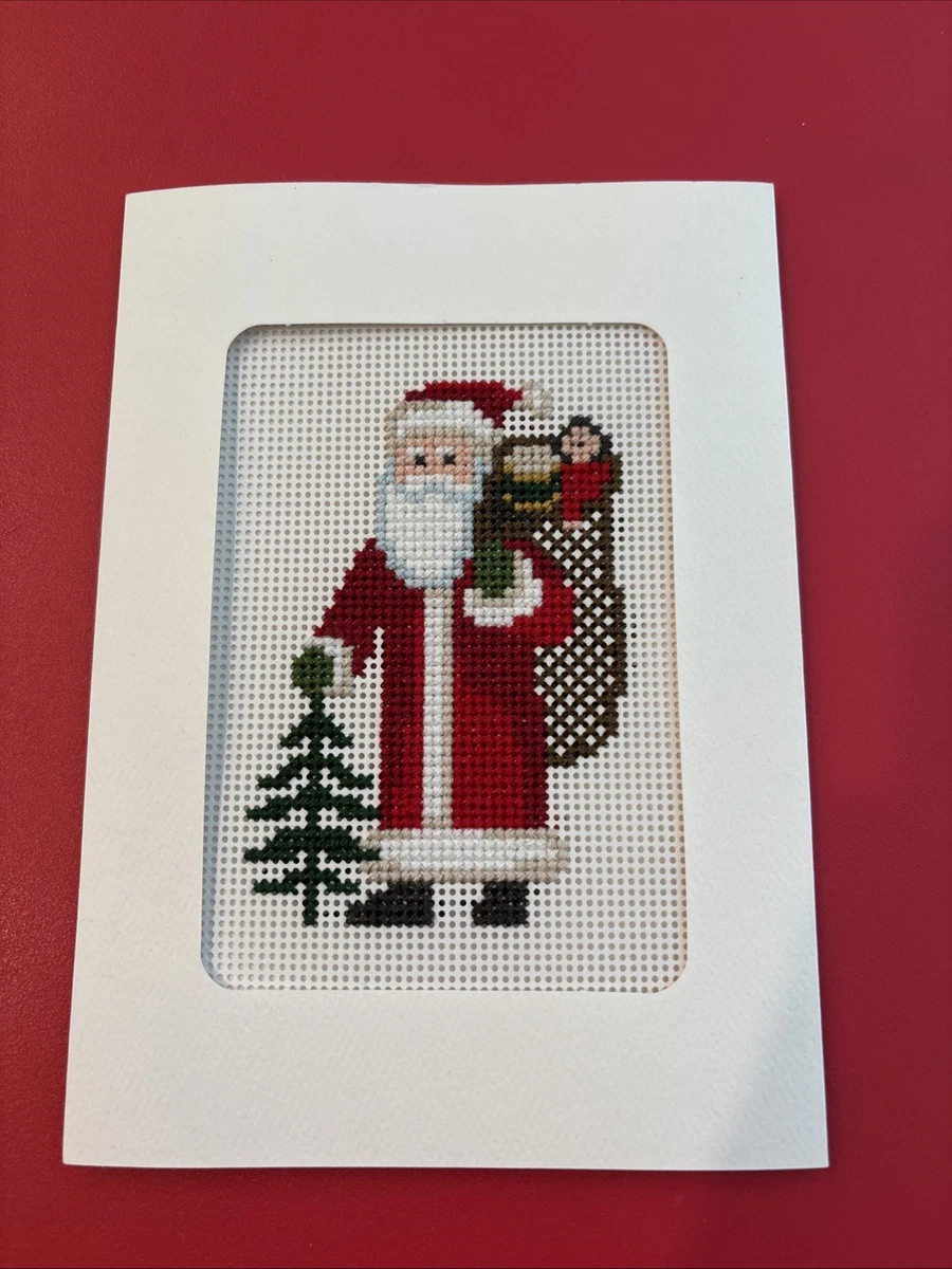 FINISHED COMPLETED CROSS STITCH GREETING CARD ~ Santa with Bag and Tree
