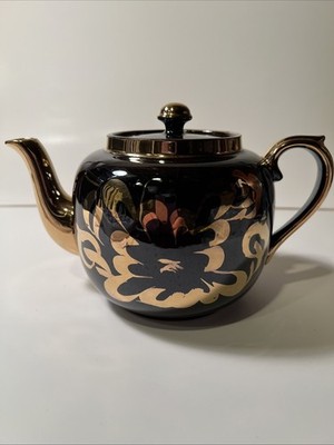 ANTIQUE Gibson Teapot ''England'' on bottom Chocolate Brown w/Gold Floral Trim