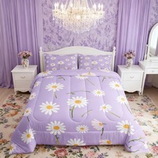 White Daisy Comforter Set Twin Size, Botanical Theme Floral Print Quilt Set w...