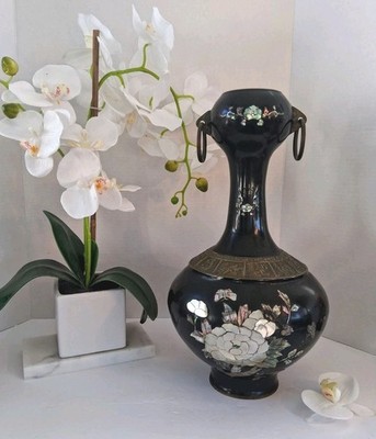 VTG 1970's Korean Najeon Chilgi Vase; Mother Of Pearl Inlays; Orig Stamped; #'d;