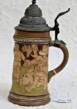 Antique German HR Hauber&Reuther  Beer Stein #452 Relief Festive Scene; Stein 21