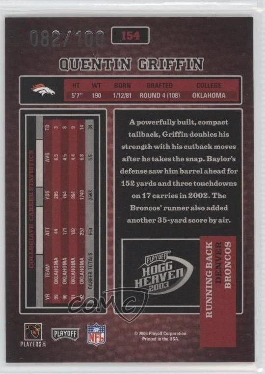 2003 Playoff Hogg Heaven Rookie Hogg Wild /100 Quentin Griffin #154 Rookie RC - Image 2 of 2