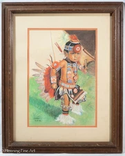 Vintage Naive Painting of Little Nonnie Pawnee-Otoe Indian Dancer Signed "Alta"
