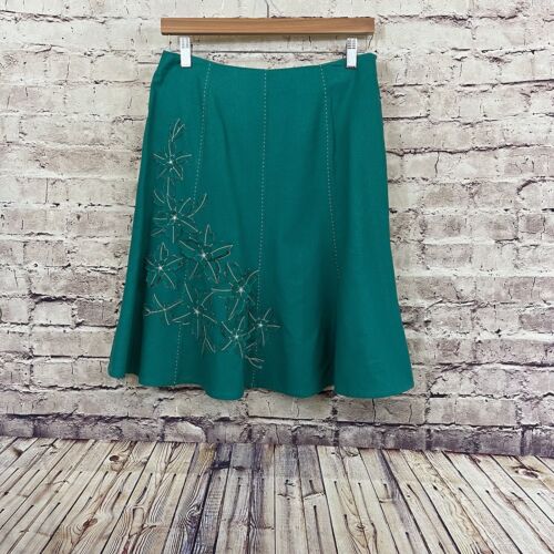 Sag Harbor Skirt Womens 10 Petite Green Floral Linen Blend Applique  A Line - Picture 1 of 10