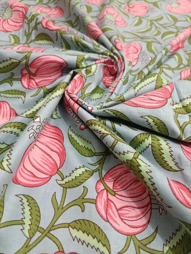 25 Yards Fabric Indian Gray Floral Hand Printed Cotton Fabric Sewing Fabrics - Picture 2 of 6
