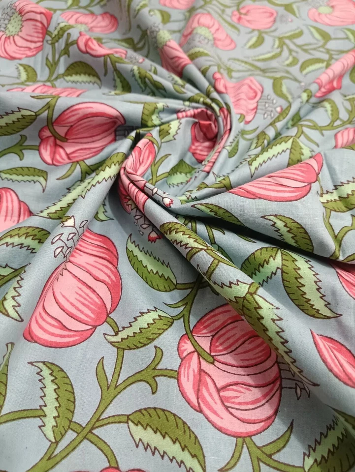 25 Yards Fabric Indian Gray Floral Hand Printed Cotton Fabric Sewing Fabrics - Image 2 of 4