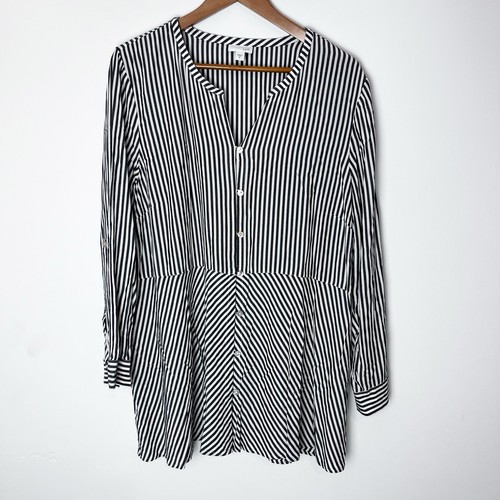 J Jill Gray White Striped Button Up Tunic Top Size XL Roll Tab Long Sleeve