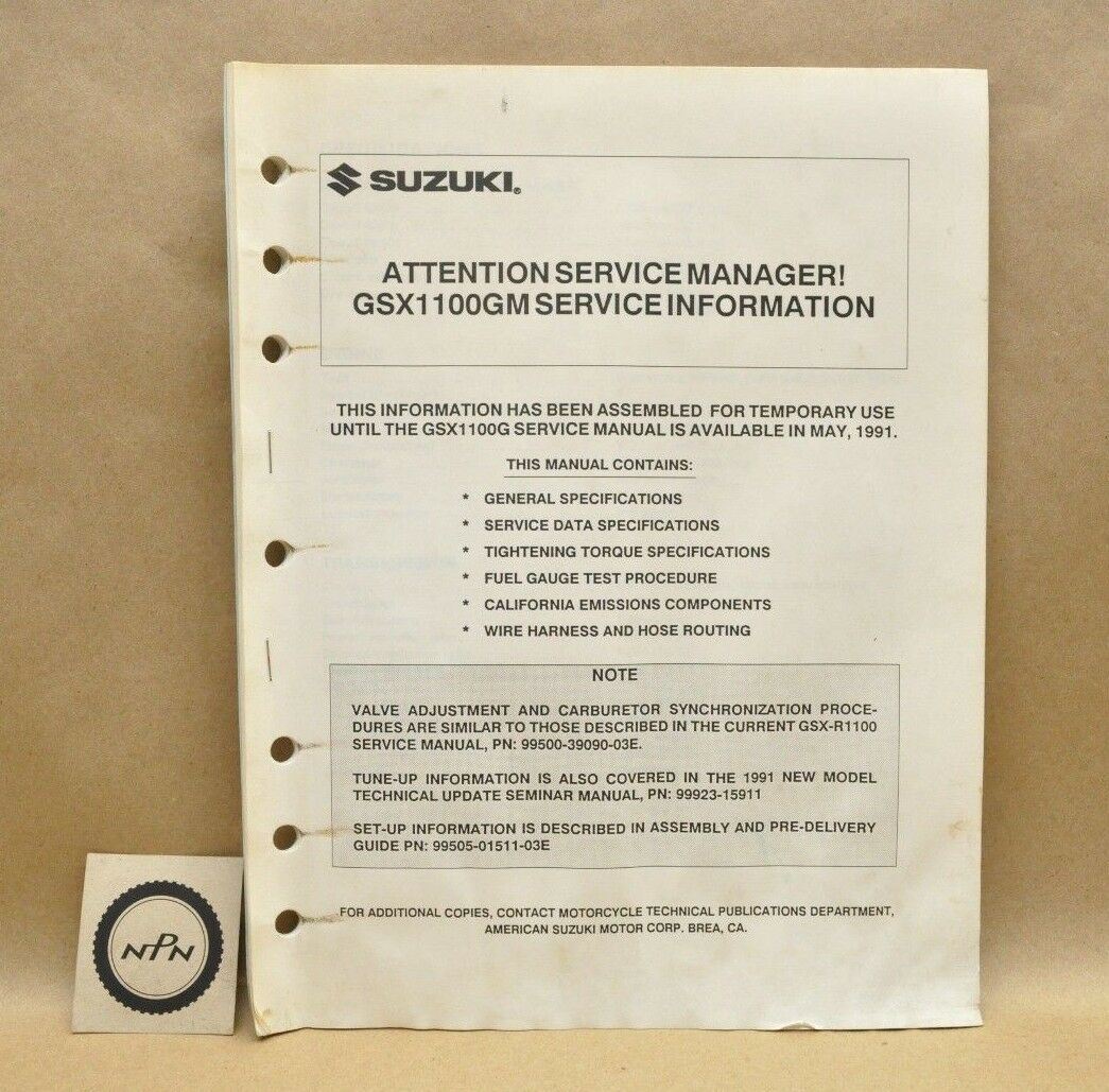 Vintage 1991 Suzuki GSX1100 GM Specs Repair Maintenance Service