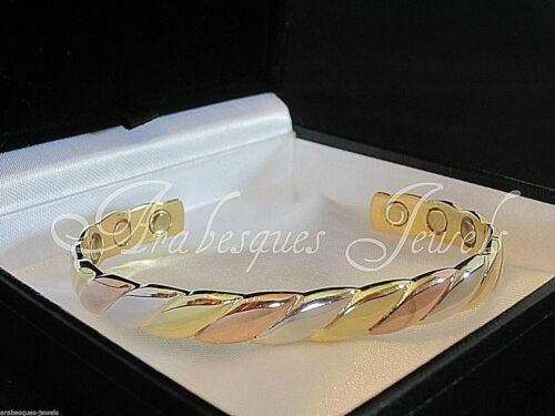 TOP QUALITY LADIES 3 TONE GOLD ROPE MAGNETIC COPPER BANGLE/ARTHRITIS RELIEF AJMB - Picture 1 of 2