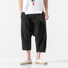 Men Drop Crotch Pants Trousers Shorts Pleated Retro Ethnic Chinese Hippe