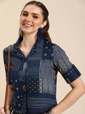 Geometric Print Roll-Up Sleeves Cotton Shirt Style Crop Top for Women  Girls
