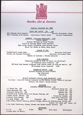 1965 Hamilton Club of Lancaster PA Dinner Menu