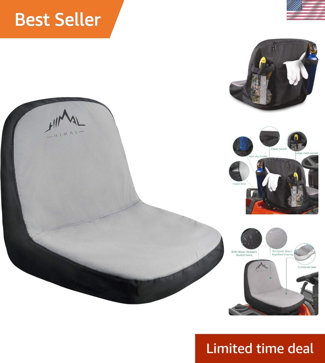 Medium Black-Gray Tractor Seat Cover with Storage Pockets Easy