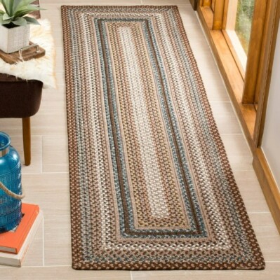 10' Braided Runner Rug Rustic Farmhouse Country Cabin Brown Beige Blue Carpet