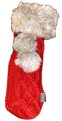 Ugg Cable Knit Red Wine Bottle Holder Gift Faux Fur Pom Poms 15 X5 EUC