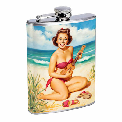 Vintage Beach Girls Silver Hip Flask D8 8oz Stainless Steel Old Fashioned Retro 