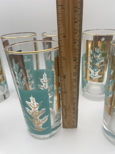 7 Vintage MCM 1950s Libbey Lace Leaf Glasses Gold Leaf Turquoise Aqua Leaves - Picture 5 of 8
