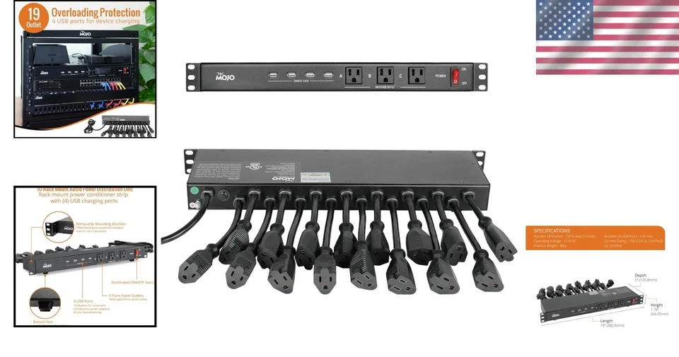Tira de alimentación PDU de montaje en rack de 1U 19 tomas disyuntor USB para gabinete de servidor Foto 2 de 4